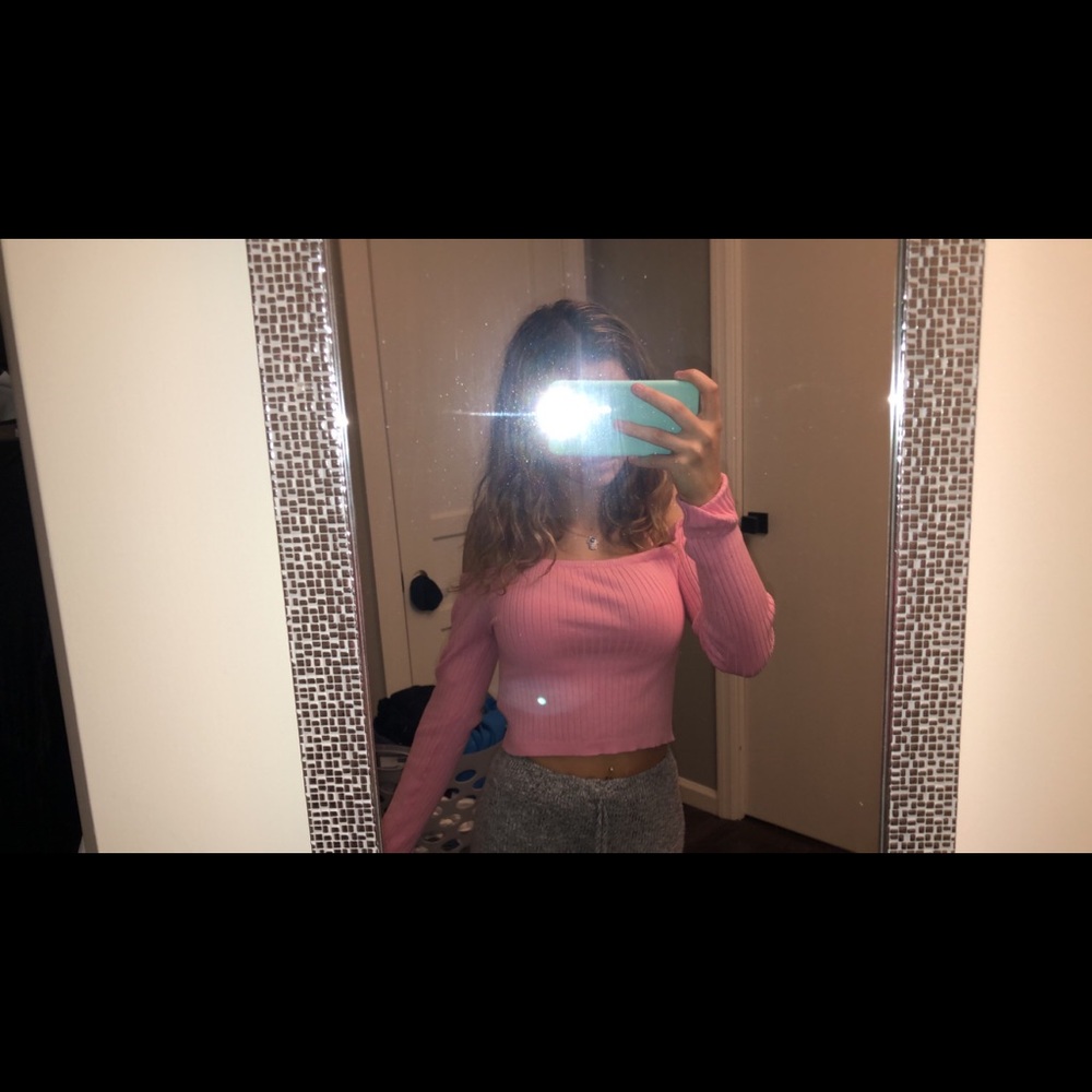 Pink cropped off the shoulder sweater